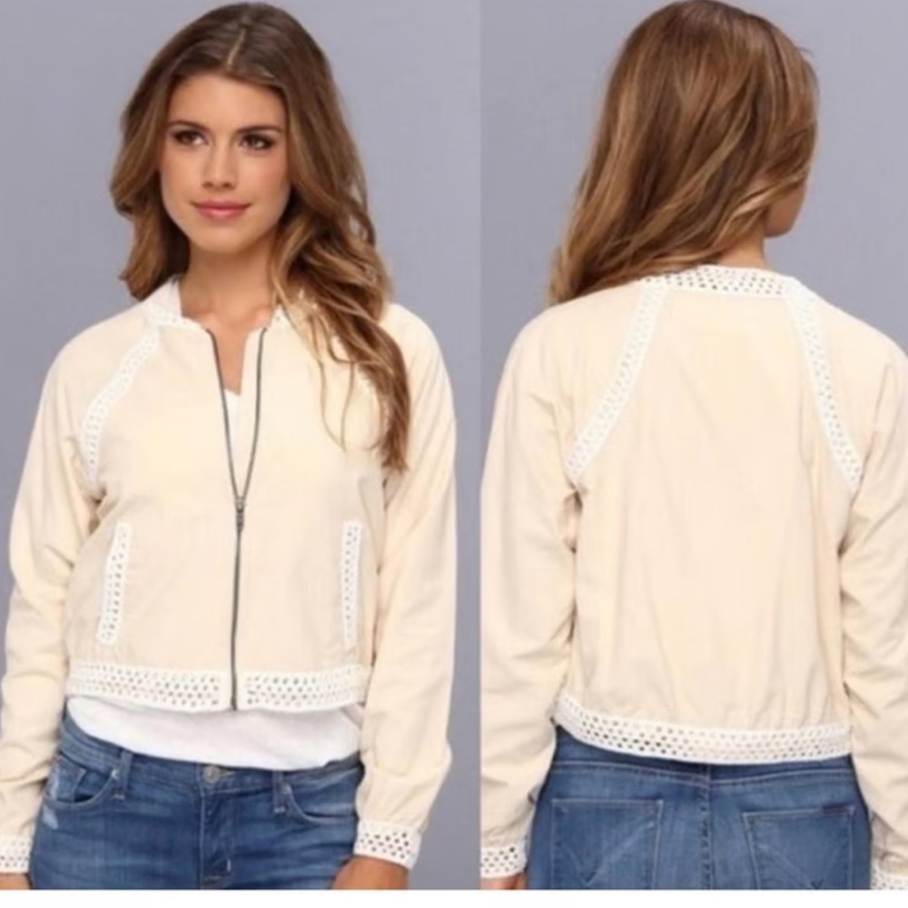 Free People Crochet Inset Baseball Jacket
